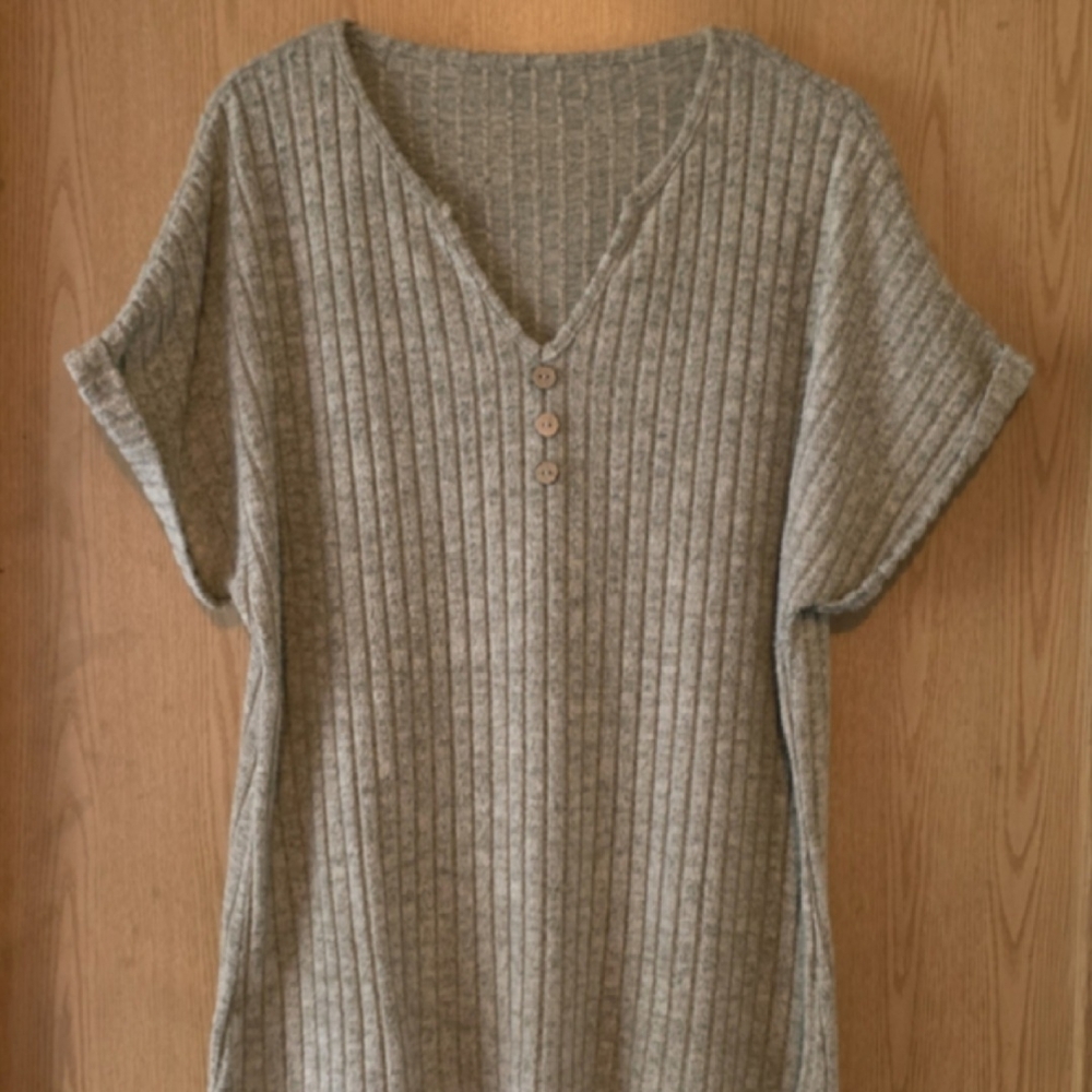 Tan Ribbed V-Neck Top with Buttons